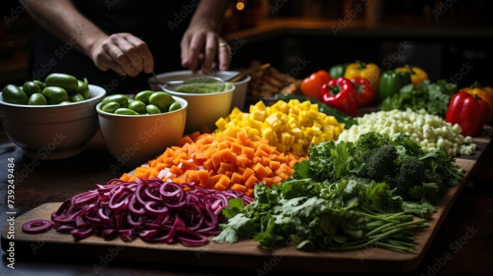Vegan meal preparation, hands chopping vegetables, variety of colorful produce and spices, conveying the process and creativity in vegan cooking, Phot