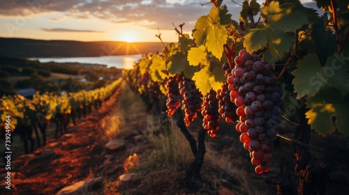 Vineyard rows at sunset, warm light bathing the grapevines, picturesque and productive aspect of rural agriculture, Photorealistic, vineyard at sunset
