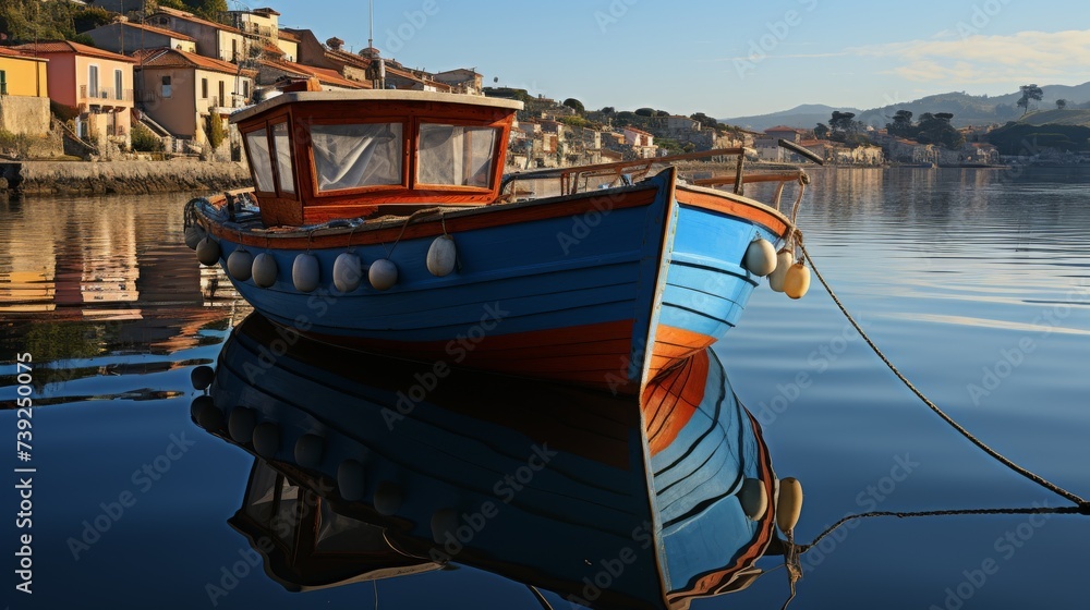 Quiet harbor in a small coastal town, fishing boats moored, calm water, conveying the peacefulness and simplicity of seaside living, Photorealistic, c