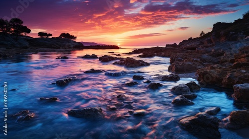 Long exposure of a beach at twilight, smooth water and a sky streaked with colors, peaceful and dreamy seascape, Photography, long exposure for a silk