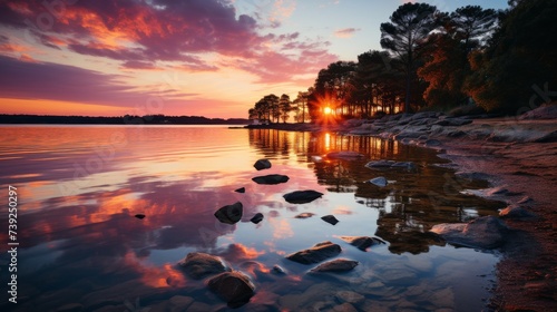 Sunset over a tranquil lake, reflections of the vibrant sky on the water, silhouettes of trees along the shore, peaceful and calming, Photography, lon