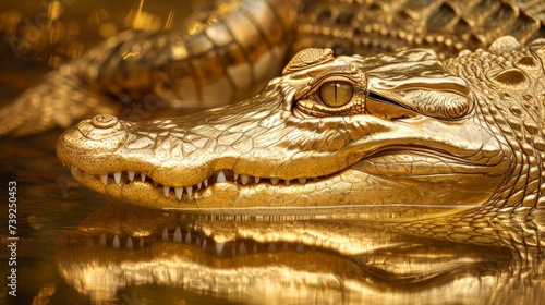 close up of a golden crocodile swims in the water