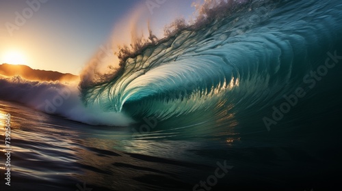 Surfer riding a massive wave, focus on the wave and the surfer's technique, capturing the power of the ocean and the bravery of surfing, Photorealisti
