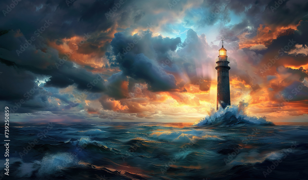 Lighthouse against a stormy sea and sunset sky. The concept of hope and direction.