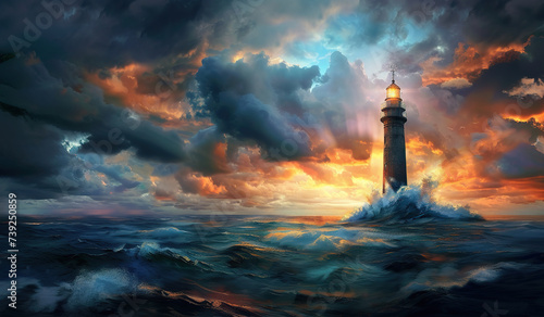 Lighthouse against a stormy sea and sunset sky. The concept of hope and direction.