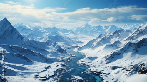Snow-covered mountain range from the air, peaks and valleys highlighted, conveying the majesty and isolation of mountainous terrain, Photorealistic, d