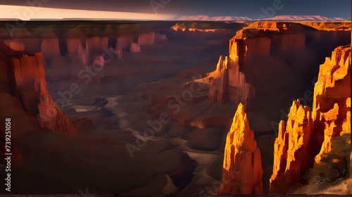 A dramatic canyon landscape with towering rock formations, illuminated by the warm glow of the setting sun.