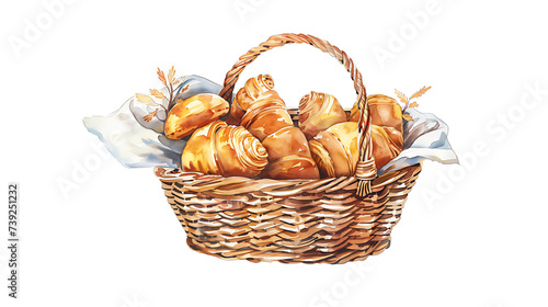 Fresh pastries in the basket watercolor illustration. Hand drawn watercolor, illustration isolated on white background