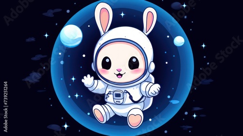 Cartoon illustration of a cute rabbit bunny astronaut surfing in space, science themed fun for kids.