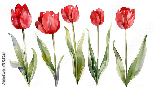 Illustration of watercolor hand drawn set of colorful red tulips isolated on white background. Card for Mothers day, 8 March, wedding, events