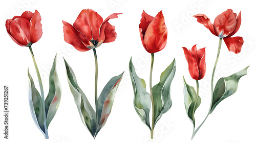 Illustration of watercolor hand drawn set of colorful red tulips isolated on white background. Card for Mothers day  8 March  wedding  events