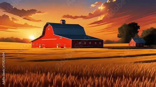 A rustic farmhouse with a red barn, set against a backdrop of a brilliant sunset and a field of golden wheat.