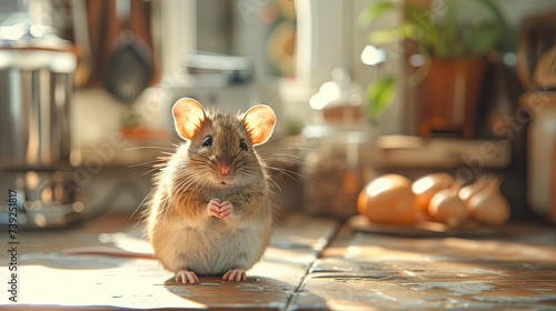 A wild mouse at the kitchen in the apartment, rodent pest concept photo