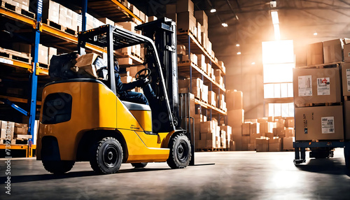 Portrait of warehouse worker standing by forklift. 