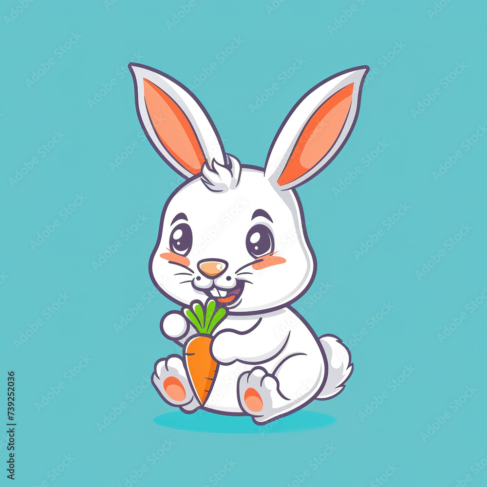 Obraz premium flat logo of cute rabbit eating carrot in cartoon style. Easter theme.