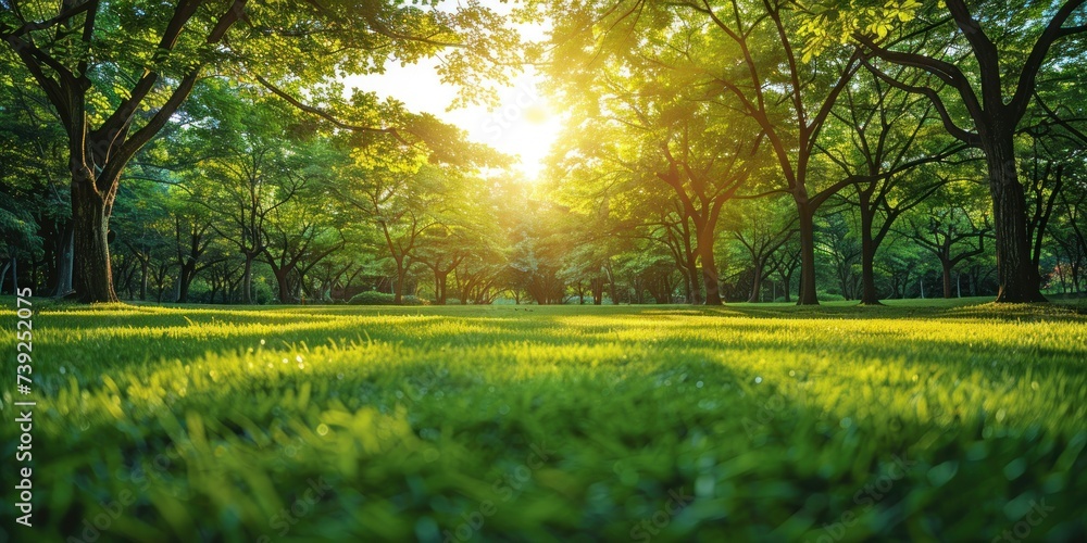 Fototapeta premium Lush green trees in public park embodying tranquility of nature sunny landscape perfect for spring and summer showcasing beauty of well manicured lawns and vibrant foliage ideal for outdoor relaxation