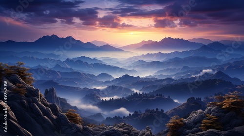 Majestic mountain range at sunrise, peaks illuminated by the first light, valleys shrouded in mist, a sense of grandeur and awe, Photography, panorami © ProVector