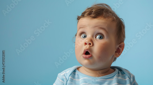 Adorable baby boy with curious face isolated on light blue background with copy space.