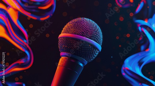 Black background with abstract style, white stylized microphone positioned strategically, touch of royal blue for contrast, modern and lively karaoke party flyer 