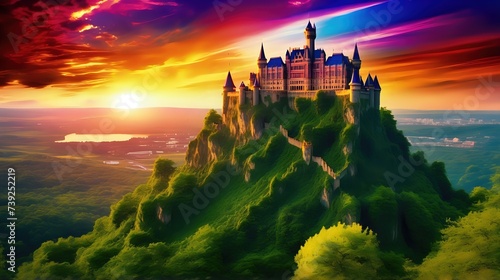 A majestic castle perched on a hill, surrounded by lush greenery, as the sky explodes in a kaleidoscope of colors during sunset. photo