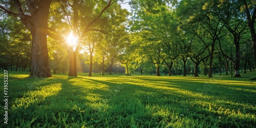 Fototapeta Naklejka Na Ścianę i Meble -  Lush green trees in public park embodying tranquility of nature sunny landscape perfect for spring and summer showcasing beauty of well manicured lawns and vibrant foliage ideal for outdoor relaxation