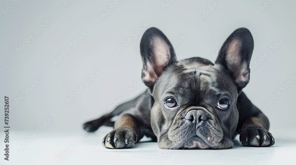 The studio portrait of bored dog french bulldog lying isolated on white background with copy space for text.