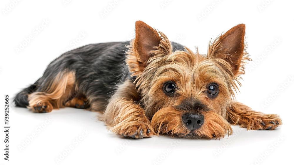 The studio portrait of bored dog yorkshire terrier lying isolated on white background with copy space for text.