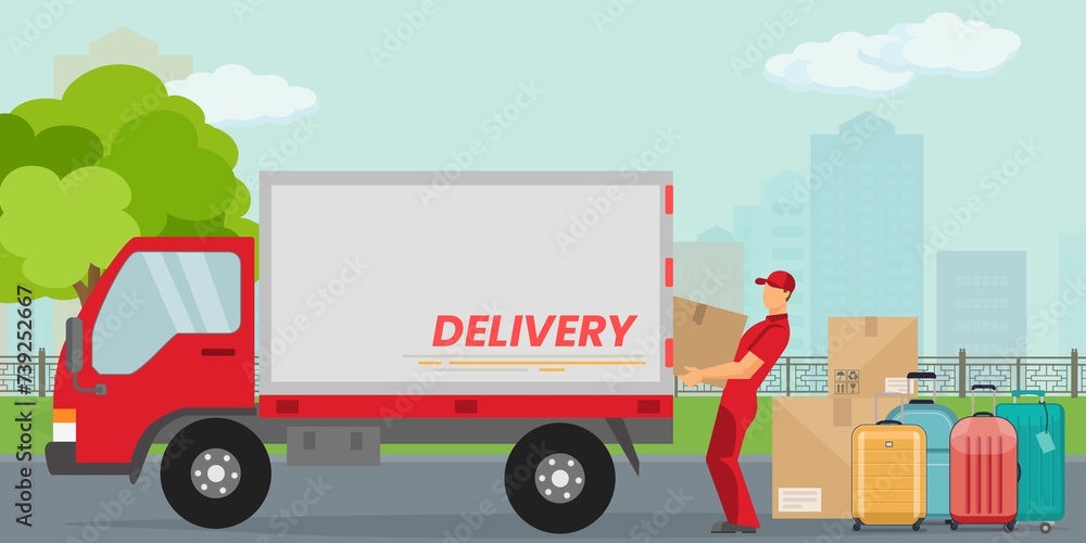 Il fattorino carica scatole in un furgone merci. Illustrazione - illustrazioni ufficio casa negozio logistica Il fattorino carica scatole in un furgone merci. Illustrazione - illustrazioni ufficio casa negozio logistica