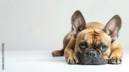 The studio portrait of bored dog french bulldog lying isolated on white background with copy space for text. © Tepsarit