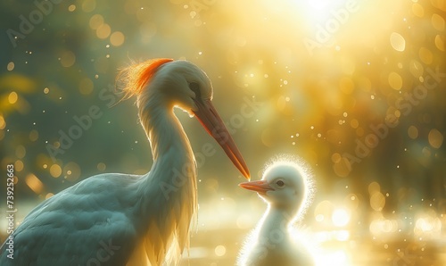 Stork with chick on a blurred background.