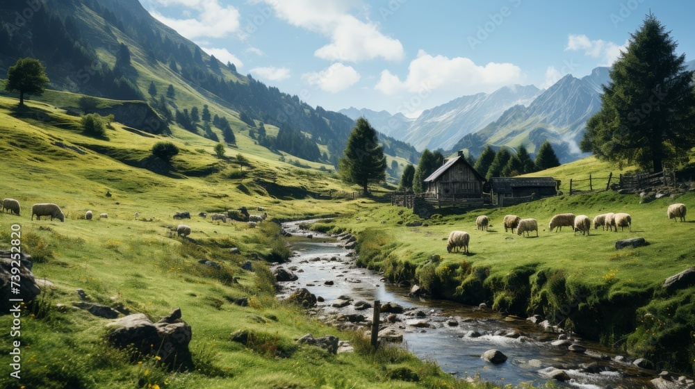 Shepherd's hut in a high mountain pasture, flock of sheep grazing, emphasizing the pastoral and timeless aspects of life in the mountains, Photorealis