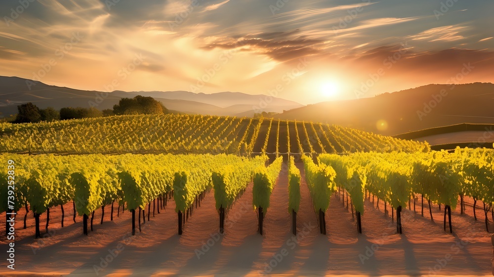 A picturesque vineyard with rows of grapevines illuminated by the soft, warm light of the setting sun.