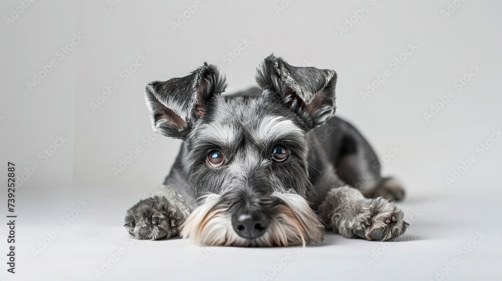 The studio portrait of bored dog schnauzer lying isolated on white background with copy space for text.