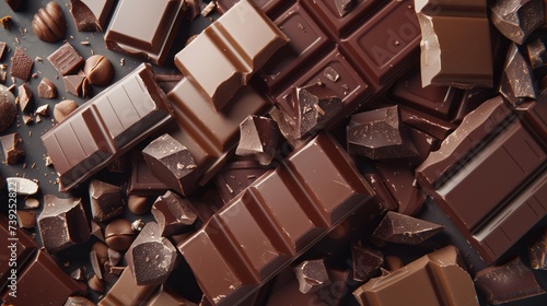 Composition of bars and pieces of milk and dark chocolate on a dark background, top view close-up in the style of 3D illustration 