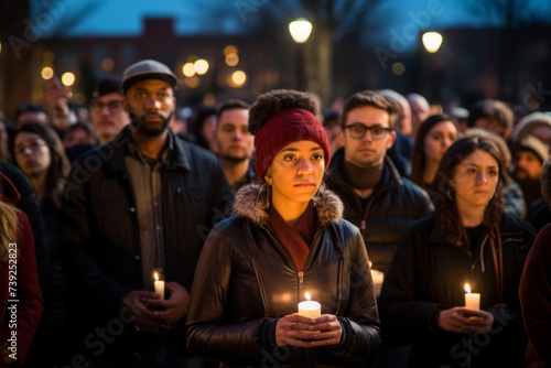 A dramatic view of candlelight vigil participants standing together in silence