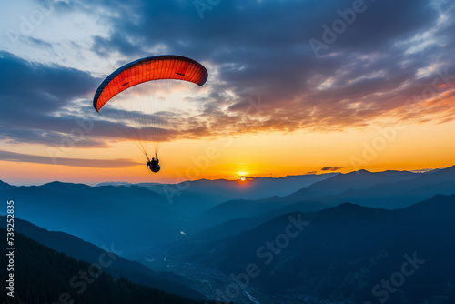 A dramatic sunset view of a paraglider soaring high above the mountains  with the orange sky in the background. Copy space