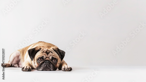 The studio portrait of bored dog pug lying isolated on white background with copy space for text.