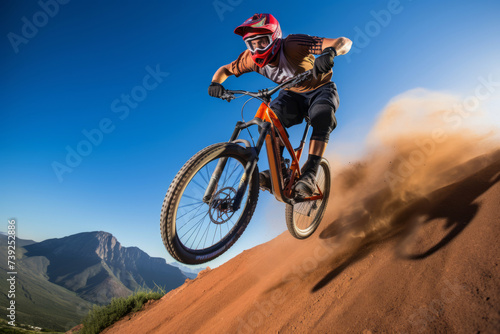 Dynamic view of a biker, riding down the mountain on a bicycle, through the rugged trail