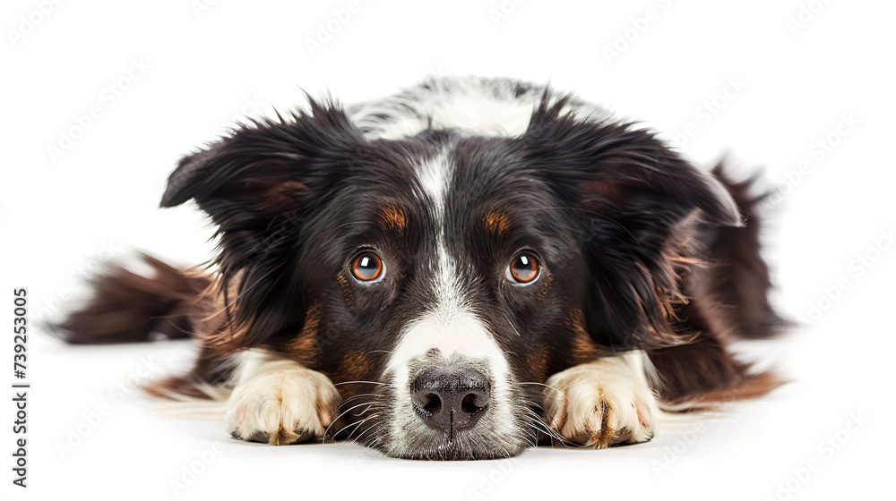 The studio portrait of bored dog border collie lying isolated on white background with copy space for text.