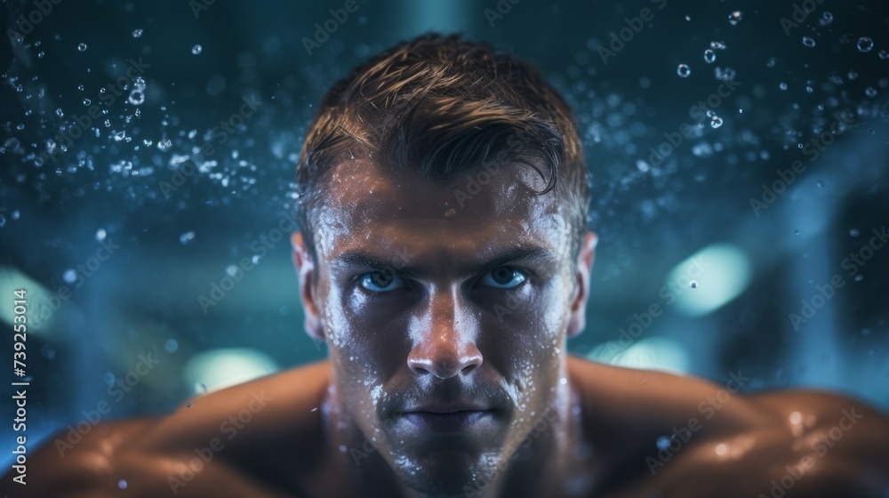 A young handsome male swimmer swimming in the pool, spending active and relaxing weekends at the gym. Sports, Healthy lifestyle, Hobby concepts.