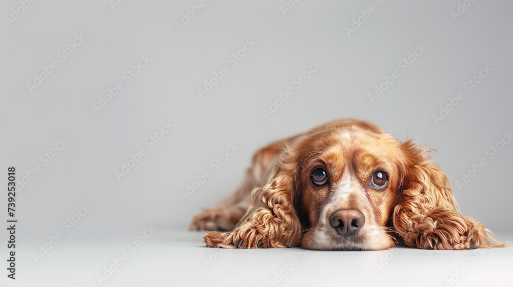 The studio portrait of bored dog cocker spaniel lying isolated on white background with copy space for text.