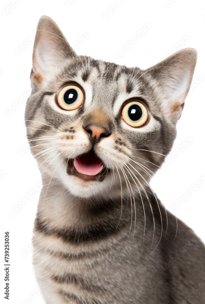 Close up portrait of a funny wide-eyed cute cat, isolated on a transparent background