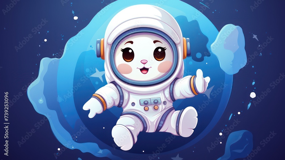 Naklejka premium Cartoon illustration of a cute rabbit bunny astronaut surfing in space, science themed fun for kids.