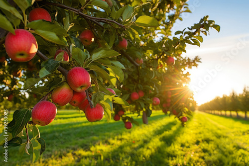 A picturesque rural scene of a sun-kissed apple orchard during harvest season, with trees laden with ripe fruits