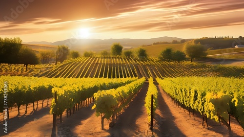 A picturesque vineyard with rows of grapevines illuminated by the soft, warm light of the setting sun. photo