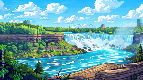 Beautiful scenic view of niagara falls in new york in colorful comic style illustration.