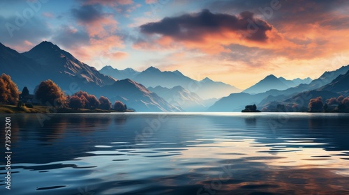 Serene lake reflecting the surrounding mountains and sky at dawn, mist hovering over the water, capturing the peacefulness and symmetry of natural lan © ProVector
