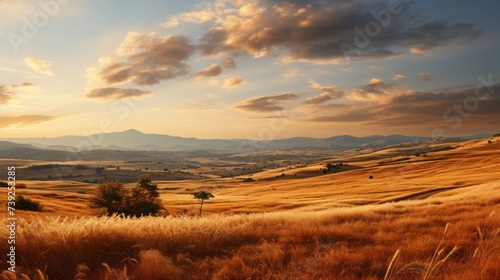 Rolling hills illuminated by the soft light of sunset  warm golden tones over the landscape  a feeling of tranquility and warmth  Photography  capture