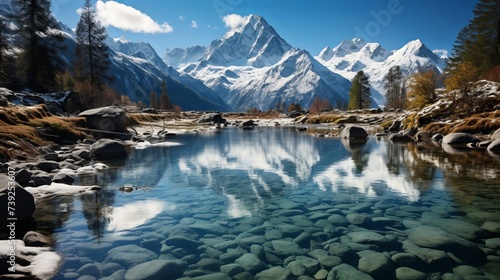 Snow-capped mountains reflected in a crystal-clear alpine lake, vibrant colors, emphasizing the pristine and untouched beauty of high-altitude landsca