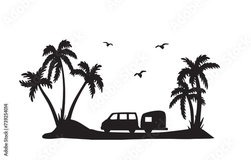 camping car with trailer and fir trees vector silhouette